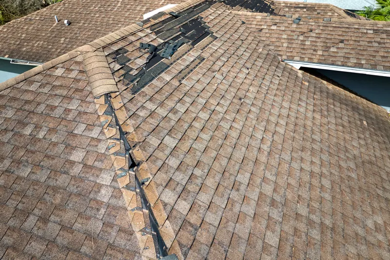 Close-up of damaged asphalt roof shingles